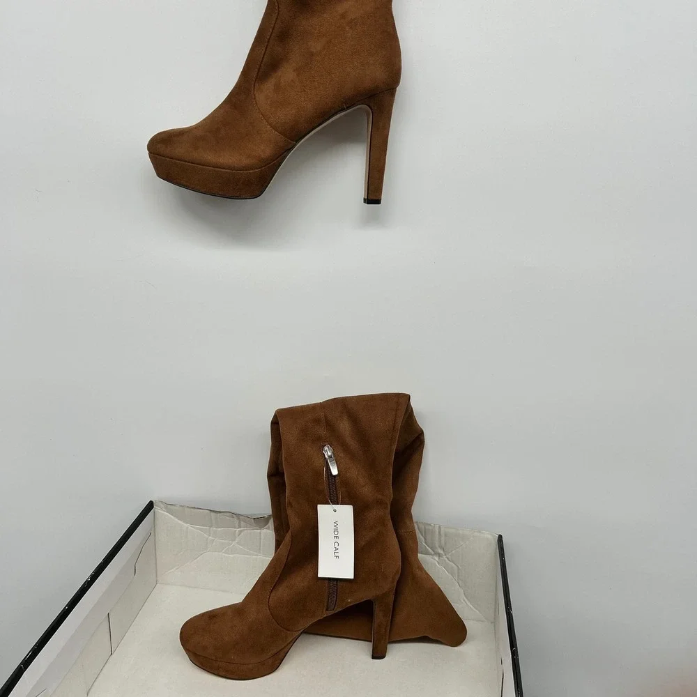 Nine West Cognac Brown Faux Suede Over The Knee Platform Boots Wide Calf 7.5M-WC